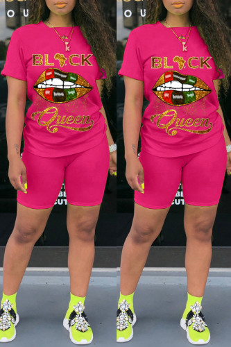 Rose Red Fashion Letter Lips Print T-shirt Shorts Set