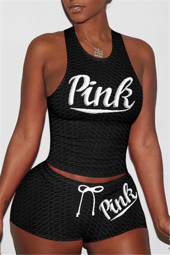 Pink Casual Sportswear Letter Embroidered O Neck Sleeveless Two Pieces