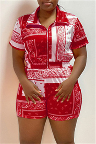 Red Fashion Casual Print Basic Turndown Collar Short Sleeve Two Pieces
