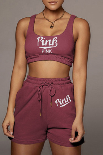 Purplish Red Casual Sportswear Letter Print Basic U Neck Sleeveless Two Pieces