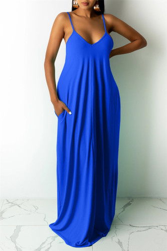 Blue Sexy Casual Solid Basic V Neck Sling Dress