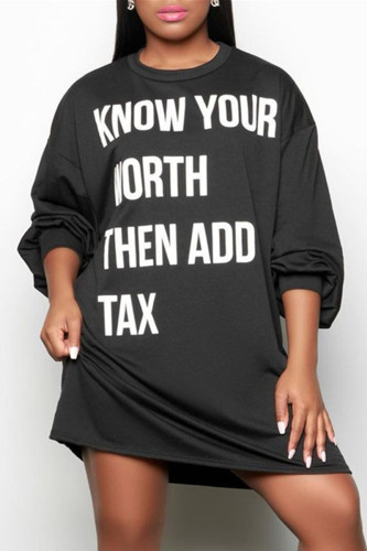 Black Fashion Casual Letter Print Basic O Neck Long Sleeve Dresses