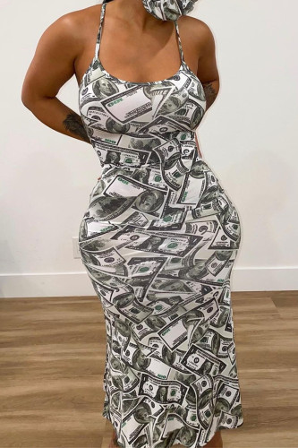 White Fashion Sexy Print Backless U Neck Sling Dress