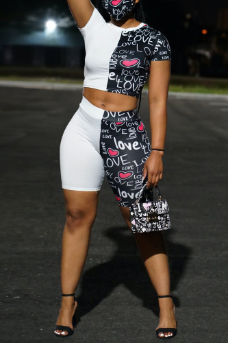 Pink Fashion Casual Print Split Joint O Neck Short Sleeve Two Pieces