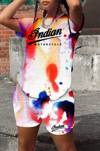 Multicolor Fashion Casual Letter Print Tie-dye O Neck Short Sleeve Two Pieces