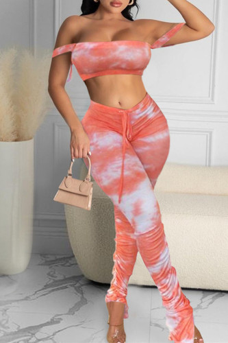 Red Fashion Sexy Print Tie Dye Backless Strapless Sleeveless Two Pieces