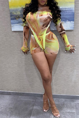 Yellow Fashion Sexy Print Hollowed Out Off the Shoulder Long Sleeve Two Pieces