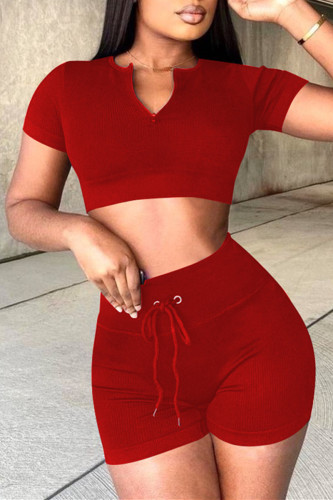 Pink Fashion Casual Solid Basic V Neck Short Sleeve Two Pieces