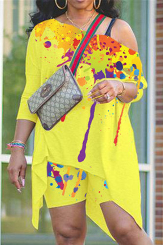 Yellow Fashion Casual Print Basic Asymmetrical Oblique Collar Long Sleeve Two Pieces