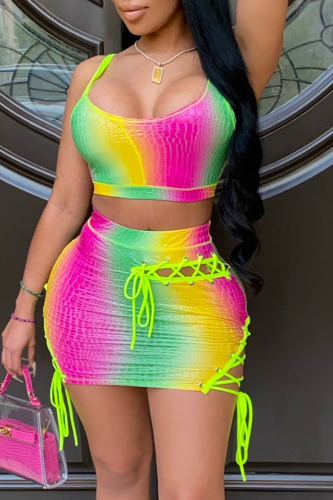 Green Yellow Sexy Patchwork Hollowed Out Tie-dye Spaghetti Strap Sleeveless Two Pieces