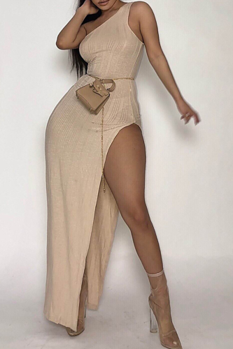 Khaki Sexy Solid High Opening One Shoulder Irregular Dress Dresses