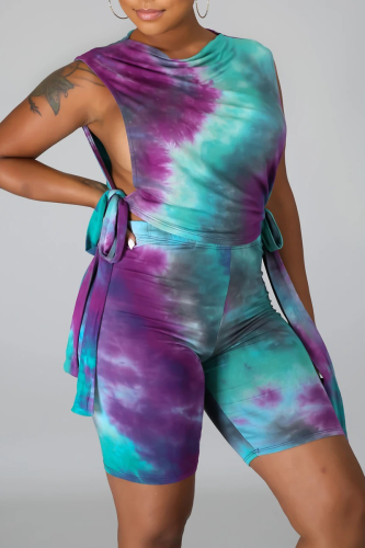 Fuchsia Casual Print Split Joint O Neck Sleeveless Two Pieces
