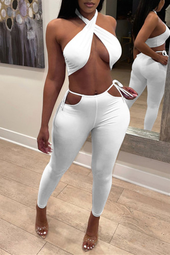 White Fashion Sexy Solid Backless Halter Sleeveless Two Pieces
