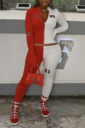Red Casual Print Letter Zipper Collar Long Sleeve Two Pieces