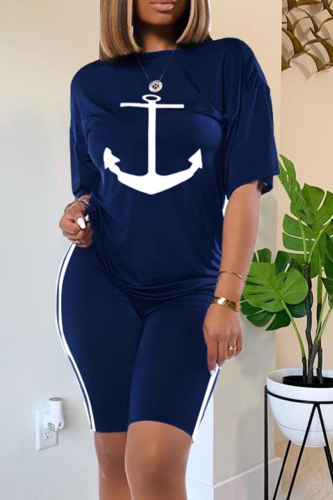 Deep Blue Casual Print Split Joint O Neck Short Sleeve Two Pieces
