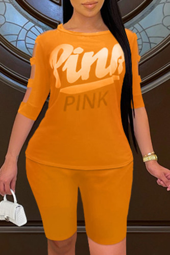 Orange Fashion Casual Letter Print Hollowed Out O Neck Short Sleeve Two Pieces