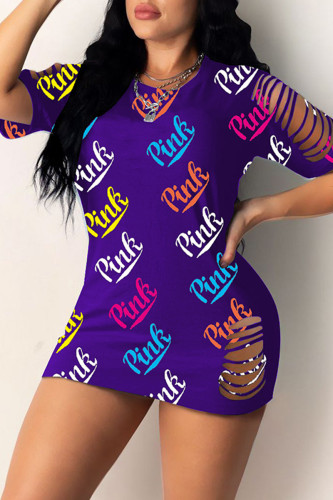 Purple Fashion Casual Letter Print Ripped O Neck Short Sleeve Dress
