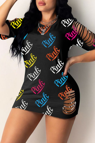 Black Fashion Casual Letter Print Ripped O Neck Short Sleeve Dress