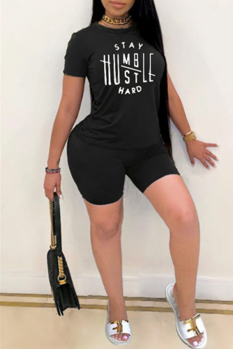 Army Green Fashion Casual Print Basic O Neck Short Sleeve Two Pieces
