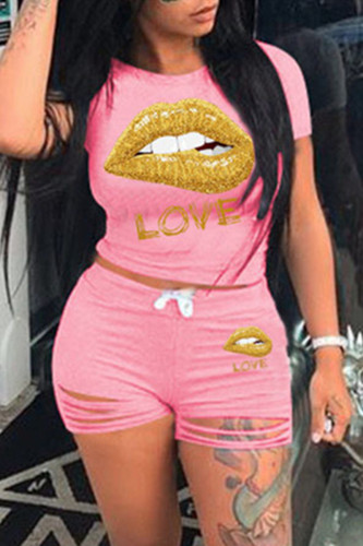 Pink Fashion Casual Lips Printed Ripped O Neck Short Sleeve Two Pieces