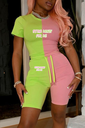 Fluorescent Green Fashion Casual Letter Print Split Joint O Neck Short Sleeve Two Pieces
