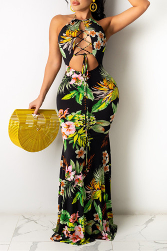 Black Sexy Print Hollowed Out Backless Strap Design Halter Sleeveless Dress