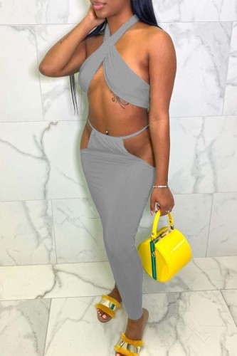 Blue Sexy Solid Hollowed Out Backless Halter Sleeveless Two Pieces