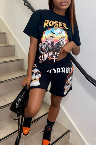 Black Casual Print Split Joint O Neck Short Sleeve Two Pieces