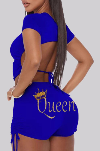 Blue Sexy Print Bronzing Backless Fold O Neck Short Sleeve Two Pieces