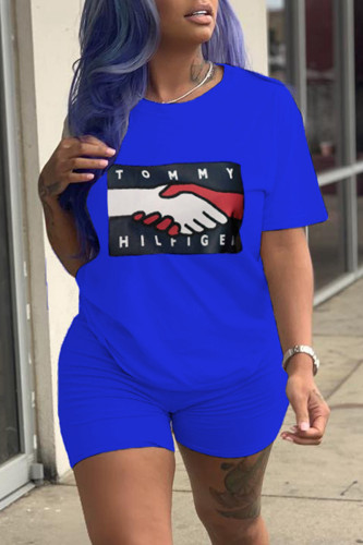 Blue Fashion Casual Print Basic O Neck Short Sleeve Two Pieces