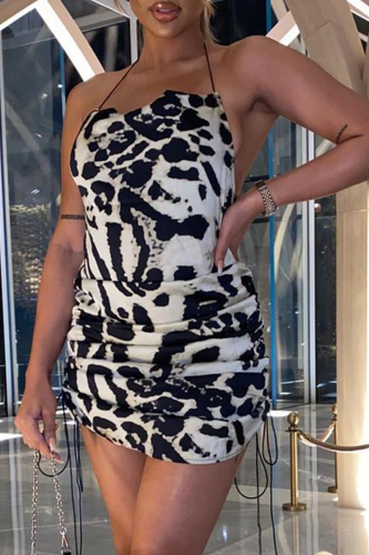 Black And White Sexy Animal Print Split Joint Halter Pencil Skirt Dresses