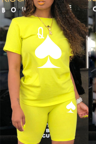 Yellow Casual Print Split Joint O Neck Short Sleeve Two Pieces