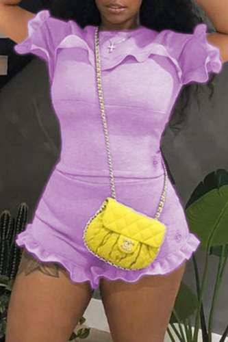 Purple Casual Solid Flounce O Neck Short Sleeve Two Pieces