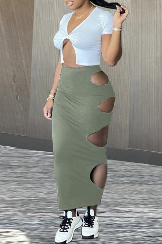 Green Fashion Sexy Solid Hollowed Out Asymmetrical V Neck Short Sleeve Two Pieces