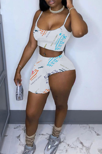White Sexy Print Split Joint Spaghetti Strap Sleeveless Two Pieces