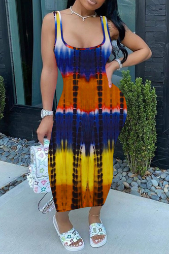 Yellow Sexy Print Split Joint U Neck Pencil Skirt Dresses