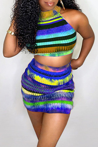 Blue Sexy Casual Print Basic Half A Turtleneck Sleeveless Two Pieces