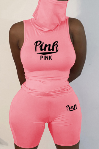 Pink Casual Print Letter Turtleneck Sleeveless Two Pieces