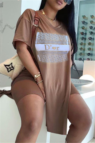Brown Fashion Casual Print Slit V Neck Short Sleeve Two Pieces