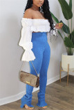 Pink Fashion Long Sleeve Bateau Neck Off The Shoulder Short Solid Two Pieces