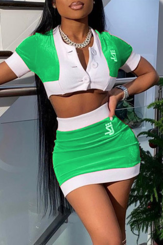 Light Green Sexy Casual Patchwork Buttons Printing O Neck Short Sleeve Two Pieces