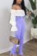 Purple Fashion Long Sleeve Bateau Neck Off The Shoulder Short Solid Two Pieces