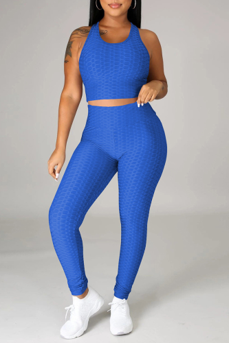 Blue Sportswear Solid Split Joint O Neck Sleeveless Two Pieces