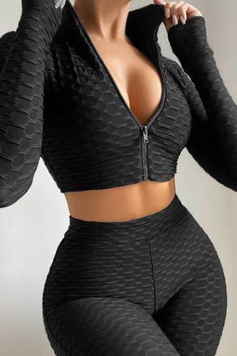 Black Casual Sportswear Solid Basic Zipper Collar Long Sleeve Two Pieces
