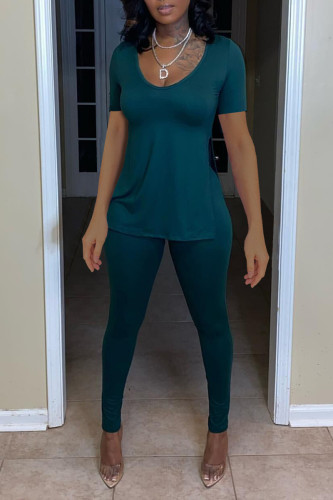 Peacock Blue Fashion Casual Solid Slit O Neck Long Sleeve Two Pieces