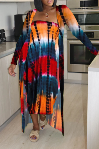 Red Sexy Print Split Joint Strapless Long Sleeve Two Pieces
