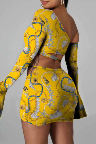 Yellow Sexy Print Bandage Backless Strap Design Oblique Collar Long Sleeve Two Pieces