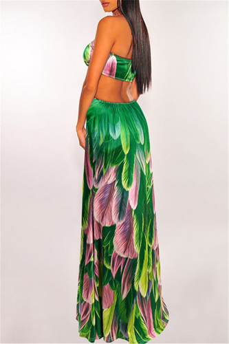 Green Sexy Patchwork Print Hollowed Out Backless Halter Sling Dress