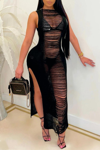 Deep Blue Sexy Solid Hollowed Out Slit O Neck Sleeveless Dress