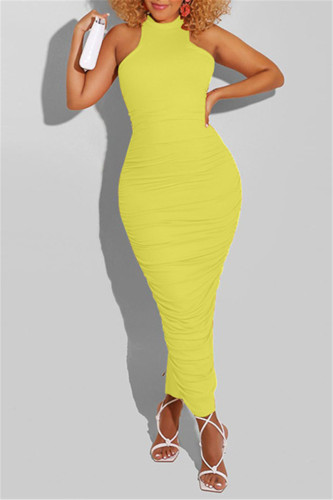 Yellow Fashion Sexy Solid Fold O Neck Sleeveless Dress
